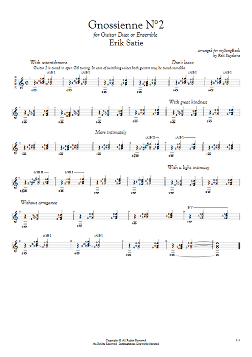 Gnossienne N°2 Erik Satie guitar pro tab AGuitarII Guitar Duet mysongbook